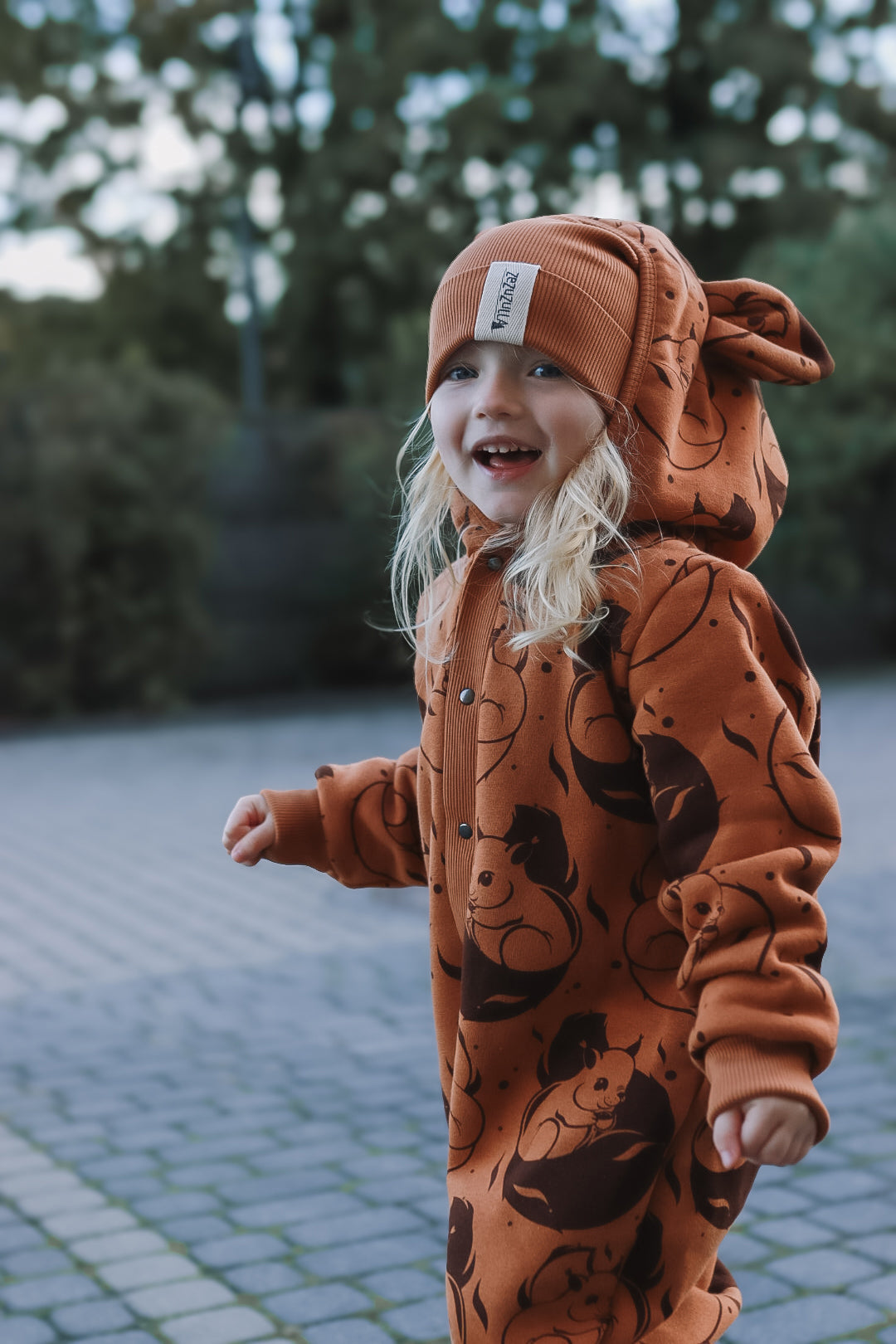 Eared Jumpsuit for Babies and Kids - Cinnamon Squirrel